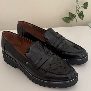 Franco Sarto Glossy Black Patent Penny Loafers with Lug Sole